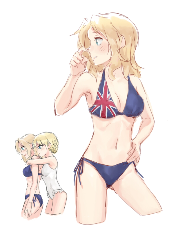 2girls, bikini, blonde_hair, blue_eyes, blush, breast_press, breasts, cleavage