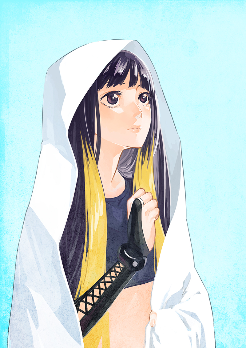 1girl, 404_(artist), bangs, bed_sheet, black_eyes, black_gloves, black_hair, black_tank_top