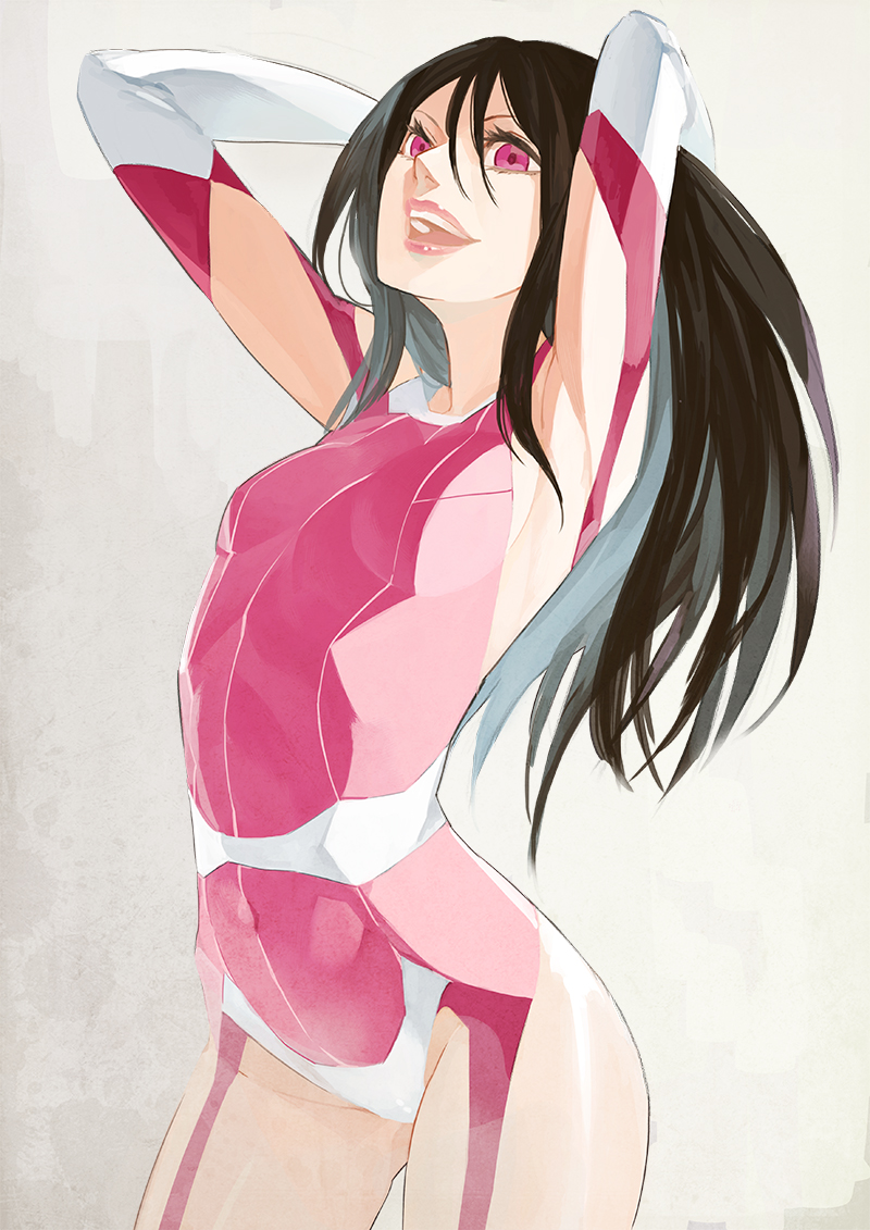 1girl, 404_(artist), arms_behind_head, bangs, black_hair, breasts, cowboy_shot, elbow_gloves, eyelashes, gloves, grey_background, hair_between_eyes, long_hair, open_mouth, pink_clothes, pink_eyes, rensa_#29, rensa_(index), skin_tight, small_breasts, smile, solo, to_aru_majutsu_no_index, to_aru_majutsu_no_index:_new_testament