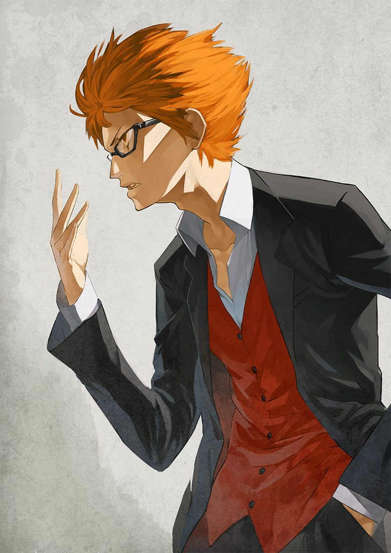 1boy, 404_(artist), adam's_apple, alternate_costume, bangs, black_jacket, black_pants, cowboy_shot