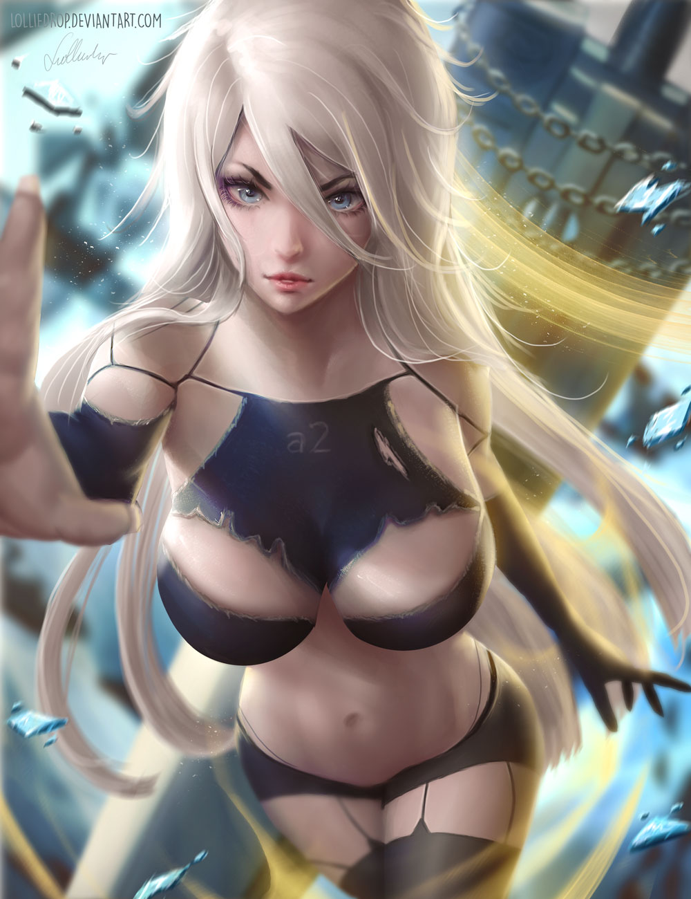 1girl, android, arm_at_side, armlet, bangs, bare_shoulders, black_gloves, black_legwear