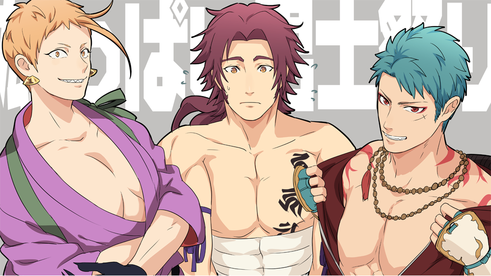 3boys, aqua_hair, beads, earrings, grin, iwatooshi, japanese_clothes, jewelry