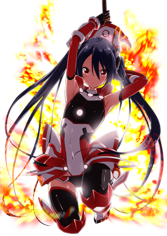 1girl, armpits, arms_up, black_hair, black_legwear, cosplay, elbow_gloves, explosion, gloves, leotard, long_hair, looking_at_viewer, ore_twintail_ni_narimasu, red_eyes, serious, solo, tailred, tailred_(cosplay), thigh-highs, tsube_aika, twintails, yuto_(dialique)