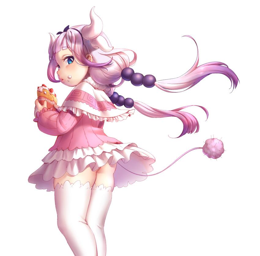 1girl, absurdres, bangs, beads, blue_eyes, blunt_bangs, capelet, child, dragon_girl, dragon_horns, food, hair_beads, hair_ornament, highres, horns, kanna_kamui, kobayashi-san_chi_no_maidragon, lavender_hair, long_hair, looking_at_viewer, mushi_aoi, simple_background, solo, tail, thigh-highs, twintails, white_legwear