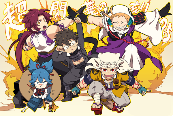 5boys, ^_^, armor, beads, black_gloves, black_hair, blue_eyes, blue_hair
