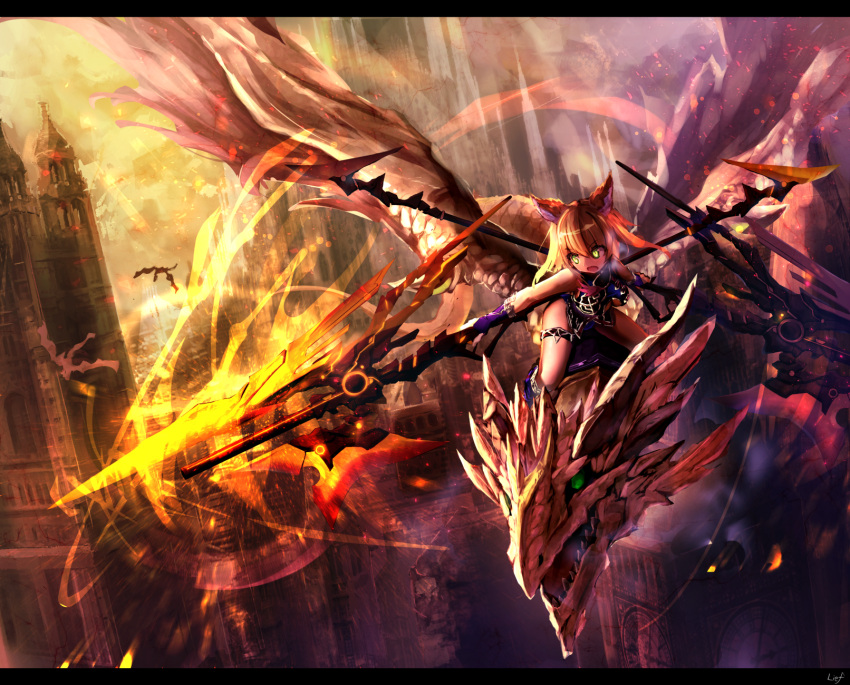 1girl, animal_ears, artist_name, bangs, bare_shoulders, blonde_hair, bodysuit, breasts, city, dragon, dual_wielding, eyebrows_visible_through_hair, fantasy, flying, gauntlets, green_eyes, highres, holding, holding_weapon, horns, leaning_forward, legs_apart, letterboxed, liebe, light_rays, light_trail, looking_away, looking_to_the_side, minaret, monster, open_mouth, original, outdoors, riding, riding_dragon, scenery, sharp_teeth, silhouette, solo, teeth, thigh_strap, thighs, tower, weapon, wings
