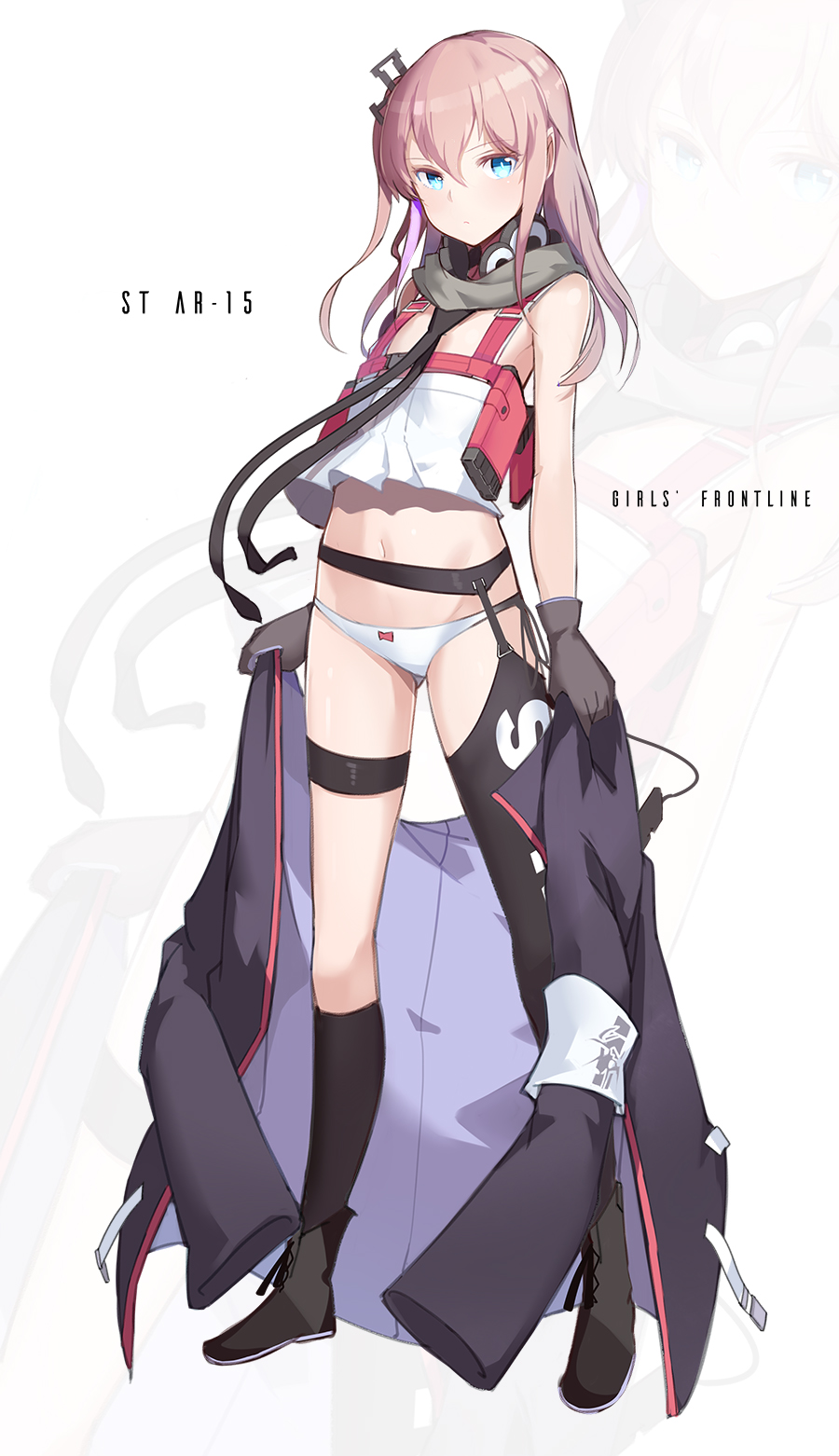 1girl, aosora_kamiya, asymmetrical_legwear, bangs, black_gloves, black_legwear, blue_eyes, bow