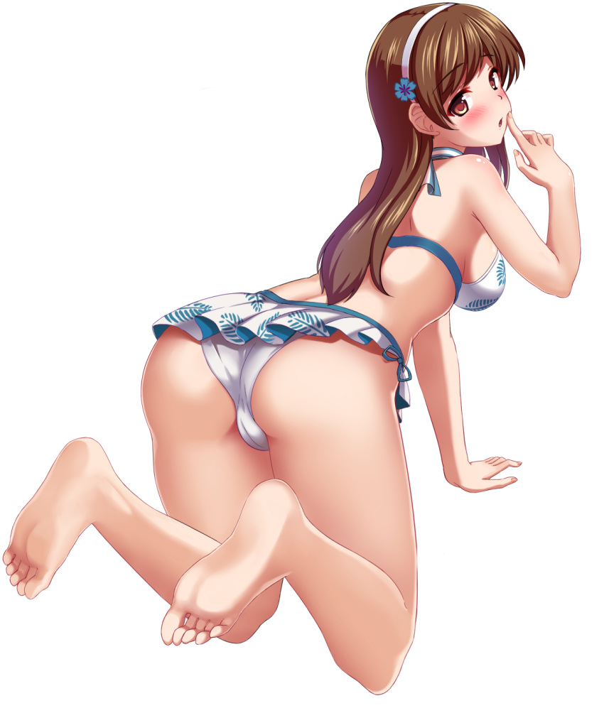1girl, ass, barefoot, bikini, blush, breasts, brown_eyes, brown_hair