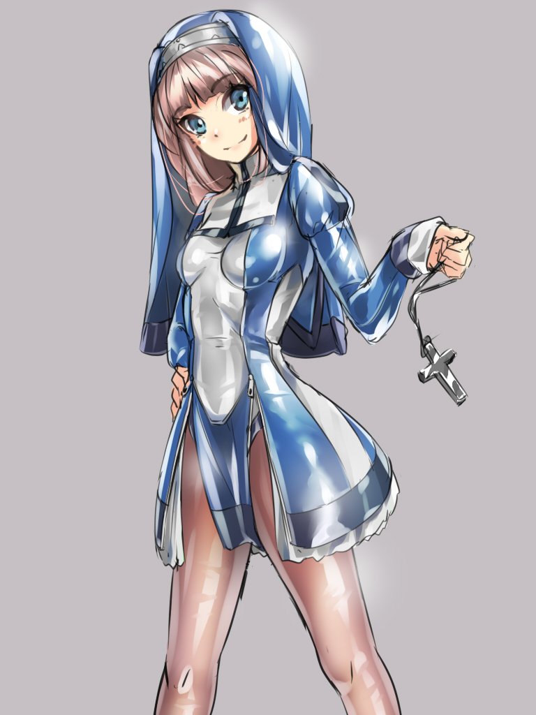 1girl, blue_eyes, bodysuit, breasts, brown_hair, cross, fumi11gou, grey_background