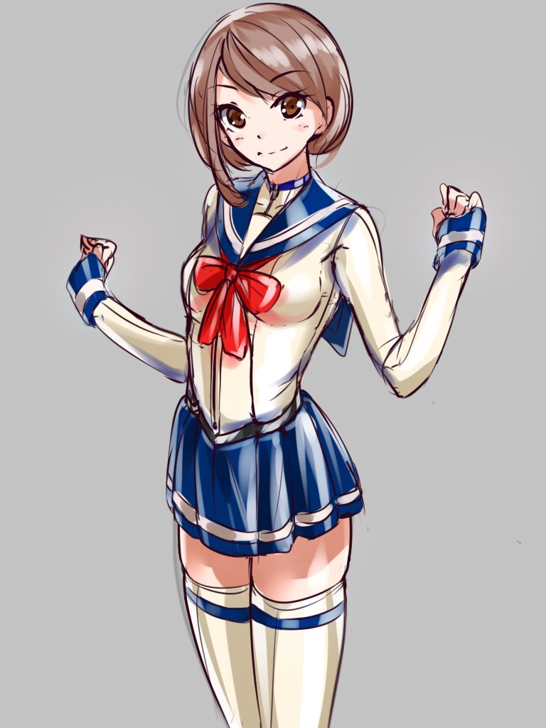 1girl, breasts, brown_eyes, brown_hair, fumi11gou, grey_background, latex, light_smile
