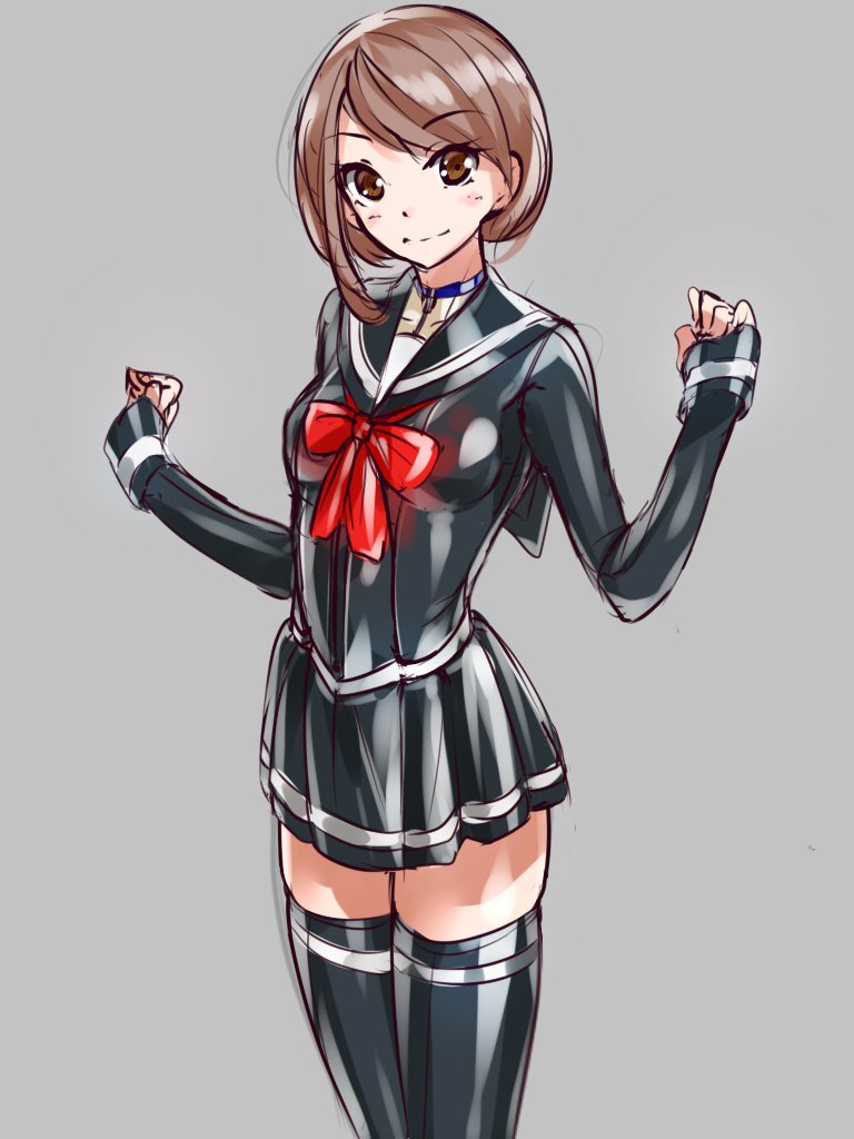 1girl, breasts, brown_eyes, brown_hair, fumi11gou, grey_background, latex, light_smile