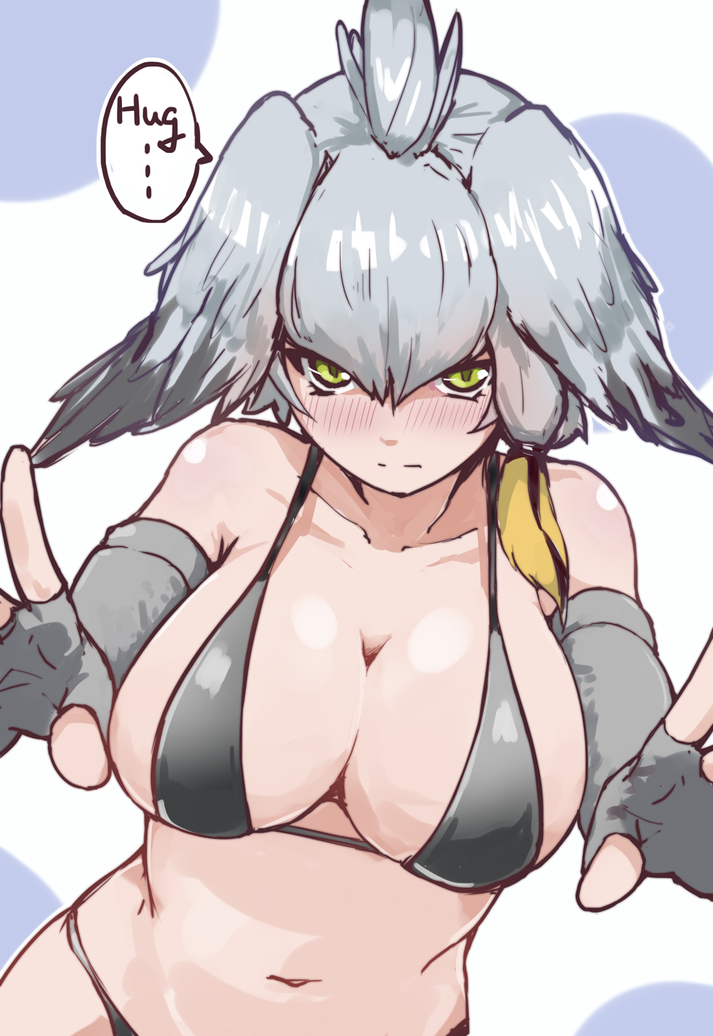 1girl, bikini, blush, breasts, collarbone, detached_sleeves, english, fingerless_gloves
