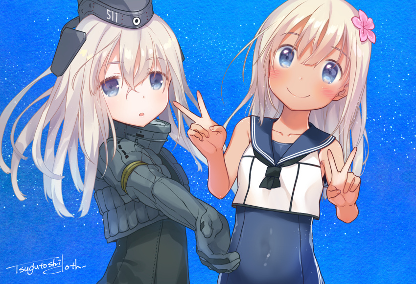 2girls, blonde_hair, blue_eyes, crop_top, cropped_jacket, double_v, dual_persona, facing_viewer