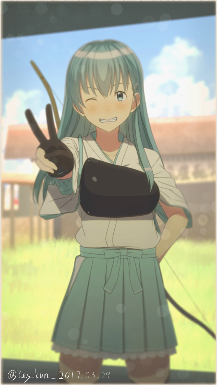1girl, 2017, ;d, absurdres, alternate_costume, aqua_eyes, aqua_hair, architecture