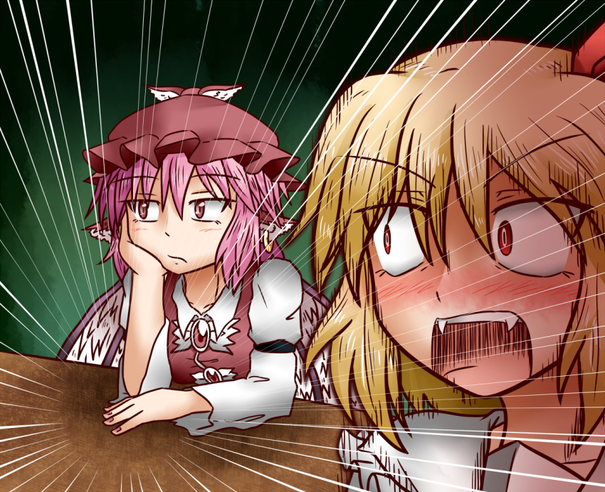 2girls, animal_ears, blonde_hair, blush, bow, constricted_pupils, d:, dress, dress_shirt, earrings, emphasis_lines, expressionless, eyebrows_visible_through_hair, face, fangs, fingernails, frills, hair_between_eyes, hair_bow, hand_rest, hat, jewelry, long_sleeves, looking_afar, looking_at_another, multiple_girls, mystia_lorelei, nail_polish, open_mouth, pakira, pink_eyes, pink_hair, red_eyes, rumia, shirt, short_hair, table, touhou, upper_body, wing_collar, wings