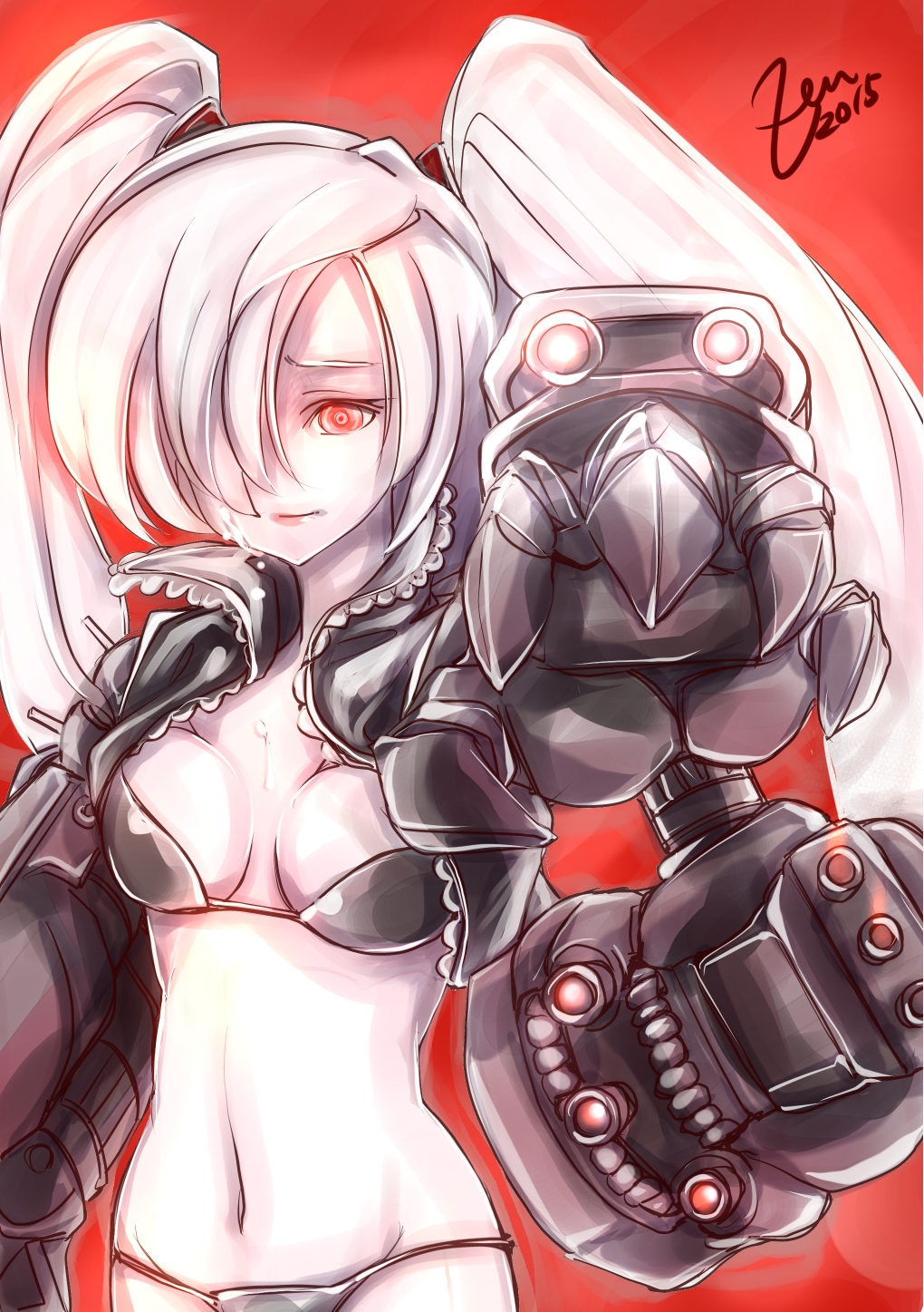 1girl, 2015, bikini, black_bikini, breasts, claws, cleavage, cropped_jacket