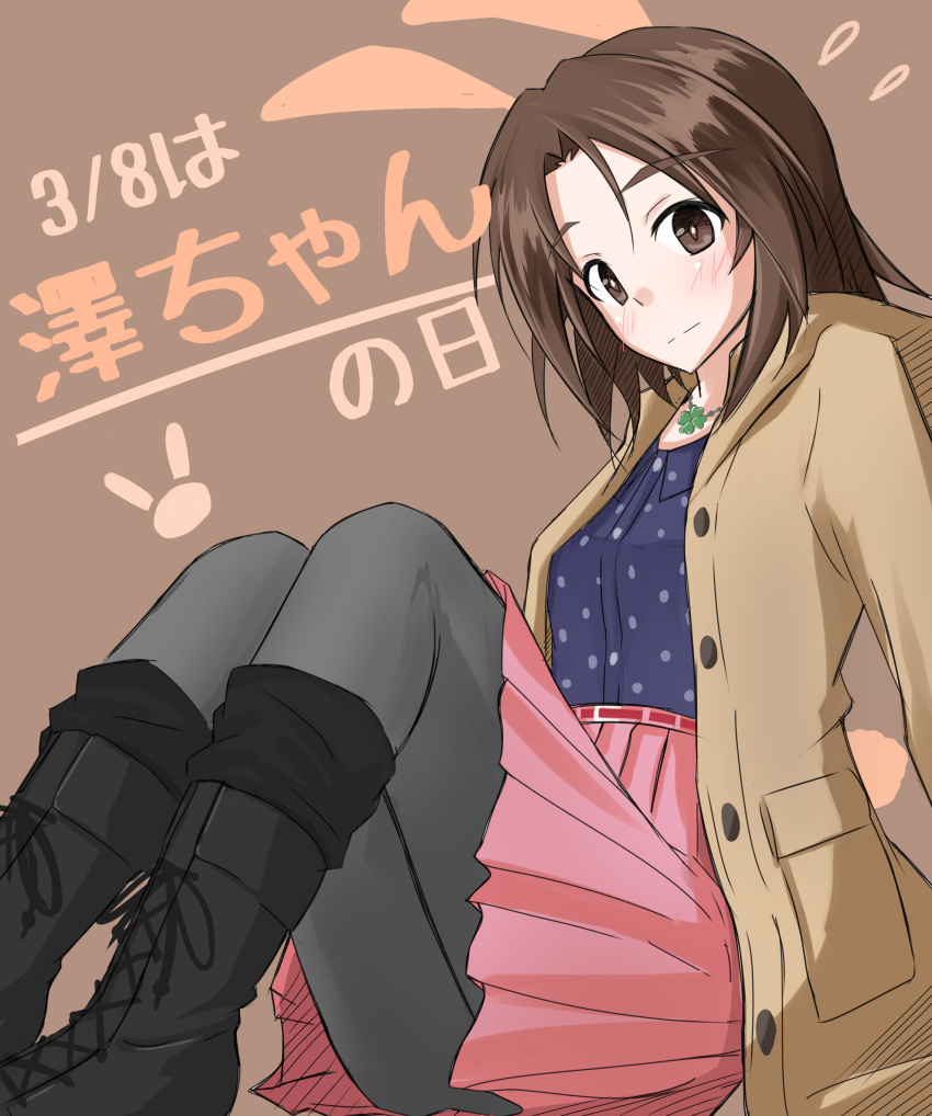 1girl, absurdres, bangs, black_boots, black_legwear, blue_shirt, boots, brown_background