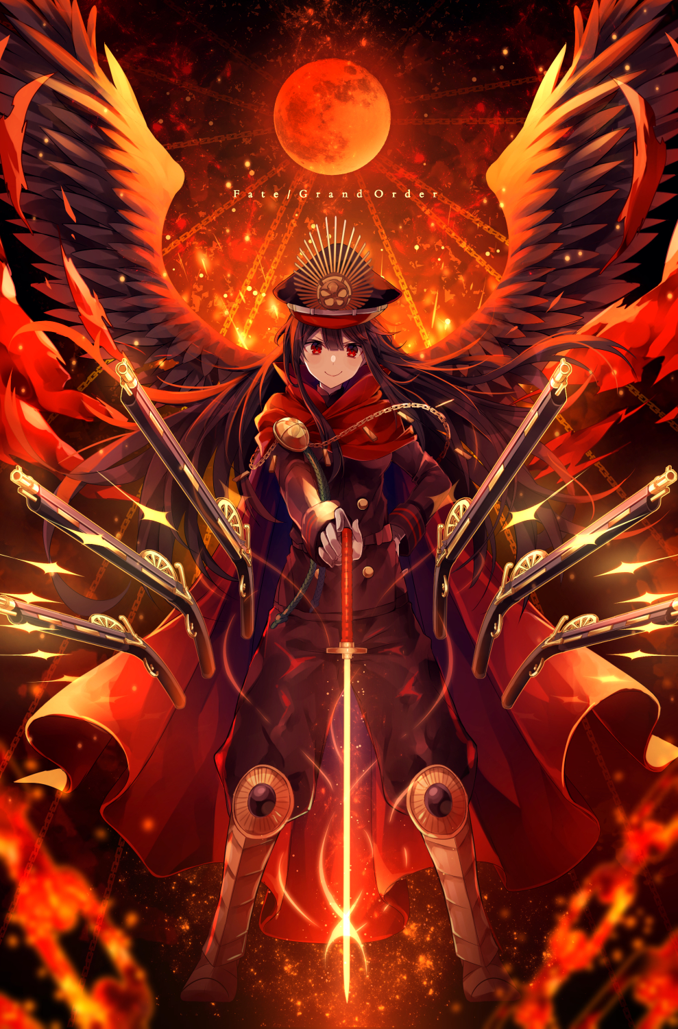 1girl, armor, armored_boots, bangs, black_hair, black_wings, blurry, blush