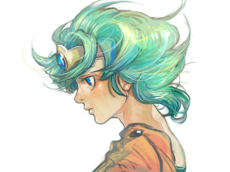 1girl, blue_eyes, circlet, curly_hair, dragon_quest, dragon_quest_iv, green_hair, heroine_(dq4)