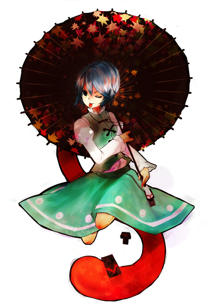absurdres, blue_hair, geta, highres, karakasa_obake, leaves, nekobu, oriental_umbrella