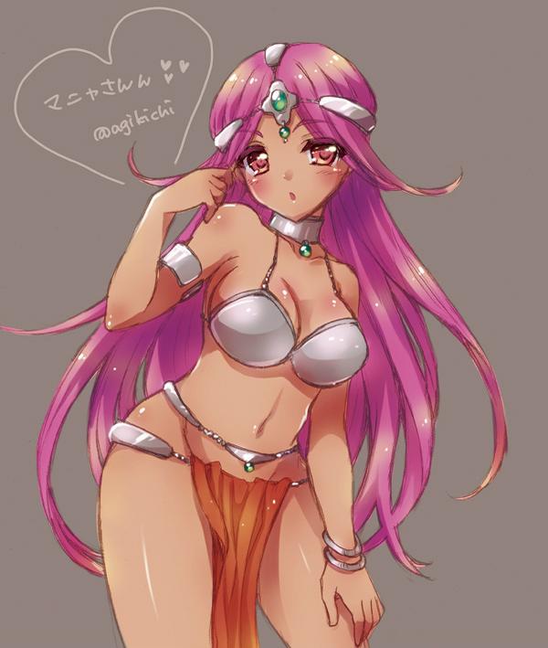 1girl, blush, bracelet, breasts, circlet, cleavage, dark_skin, dragon_quest, dragon_quest_iv, jewelry, kichijou_agata, large_breasts, loincloth, long_hair, manya, navel, open_mouth, pelvic_curtain, purple_hair, solo, violet_eyes