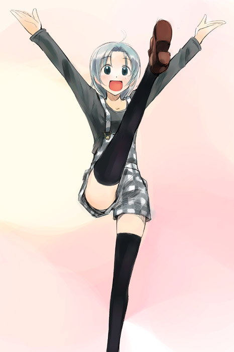 ikeda_jun, leg_lift, original, raised_leg, shoe_soles, shoes, smile, thigh-highs
