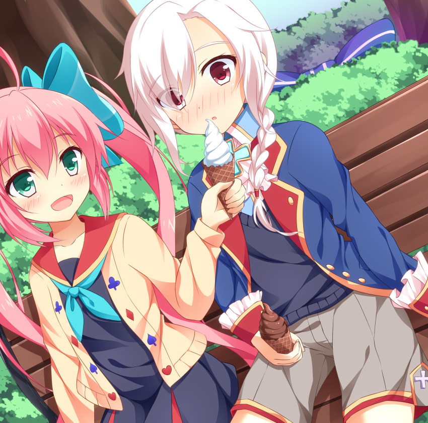 3girls, :d, :o, ahoge, aqua_bow, aqua_neckerchief, bangs, bench, black_dress, black_sweater, blue_bow, blue_jacket, blue_shirt, blue_sky, blush, bow, braid, brown_shorts, bush, buttons, cardigan, chocolate_ice_cream, clover, clubs_(playing_card), collarbone, cravat, cross, day, diamonds_(playing_card), dress, esiria, eyebrows_visible_through_hair, eyes_visible_through_hair, feeding, food, green_eyes, hair_between_eyes, hair_bow, hair_over_shoulder, hand_up, hearts_(playing_card), highres, holding, holding_food, ice_cream, ice_cream_cone, jacket, joshua_(saibai_shounen), long_hair, long_sleeves, looking_at_another, minatsuki_kou, mireille_(shironeko_project), multiple_girls, neckerchief, nose_blush, open_cardigan, open_clothes, open_mouth, outdoors, parted_bangs, peeping, pink_hair, print_sweater, red_eyes, shiny, shiny_hair, shironeko_project, shirt, shorts, side_braid, single_braid, sitting, sky, smile, striped, striped_bow, sweater, tree, twintails, v-neck, vanilla_ice_cream, very_long_hair, white_hair