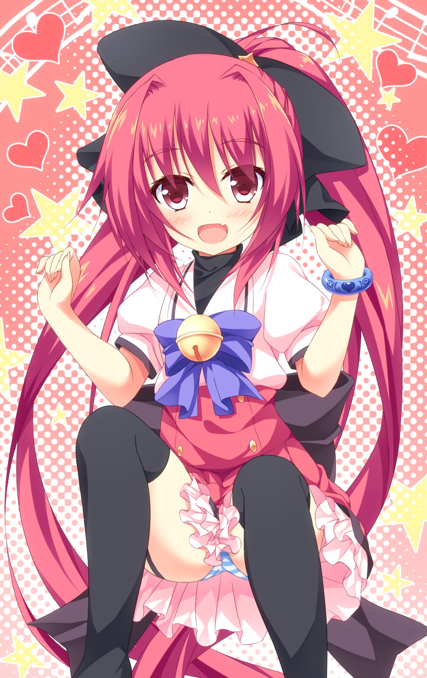 1girl, :d, bangs, beamed_quavers, bell, black_bow, black_legwear, black_ribbon