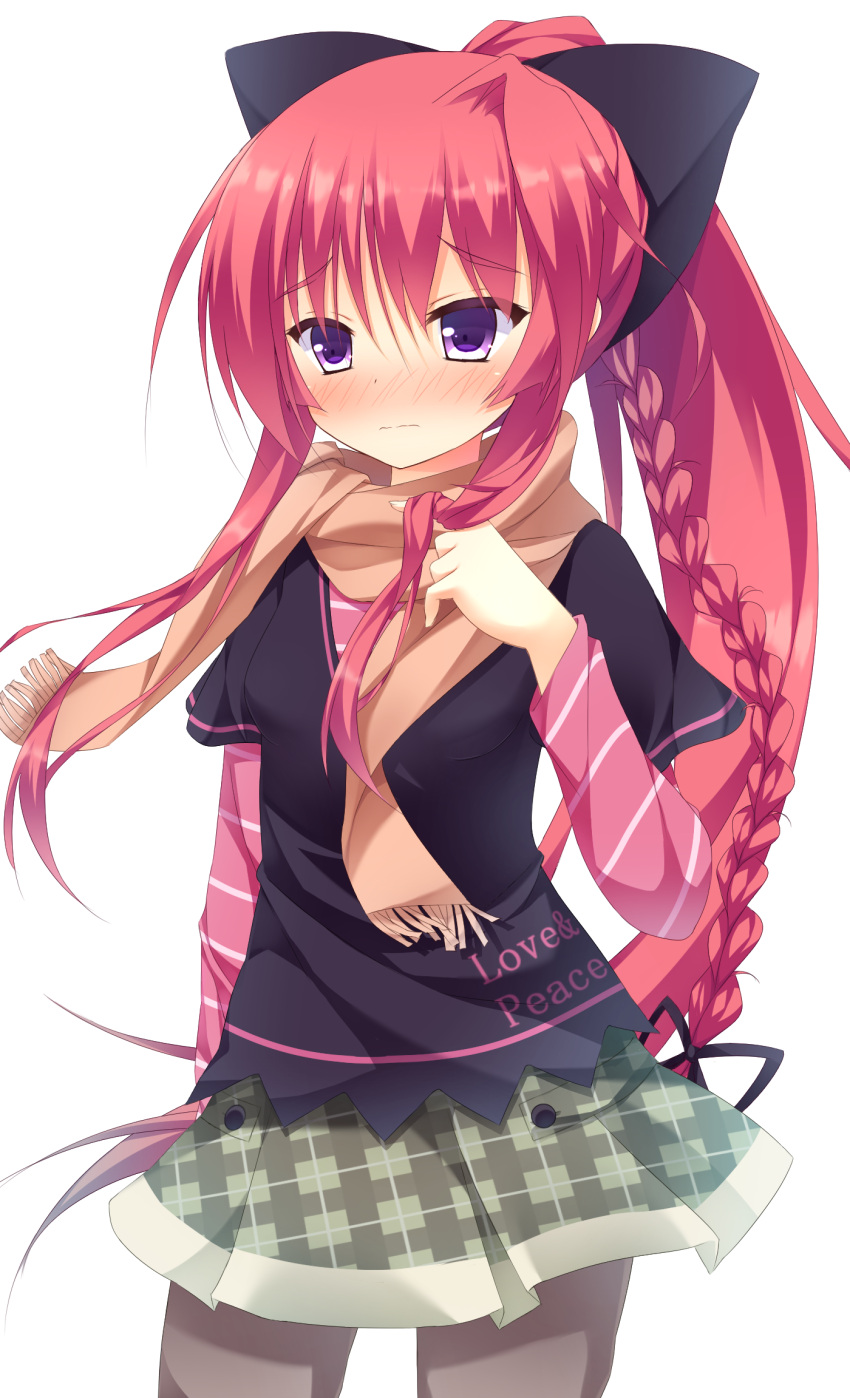 1girl, arm_at_side, bangs, black_ribbon, black_t-shirt, blush, bow, braid