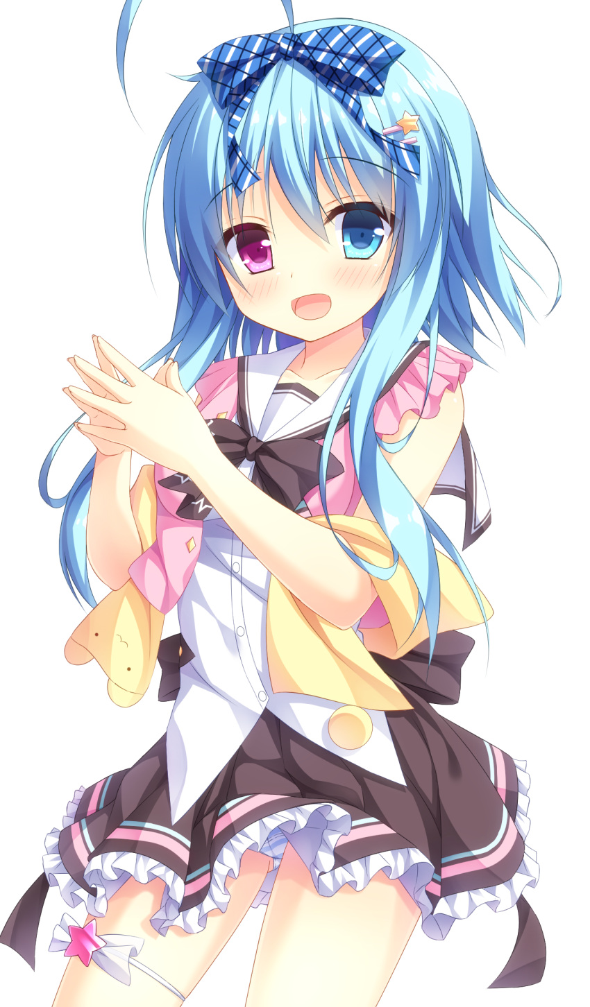 1girl, :3, :d, ahoge, bangs, bare_arms, black_bow, black_skirt