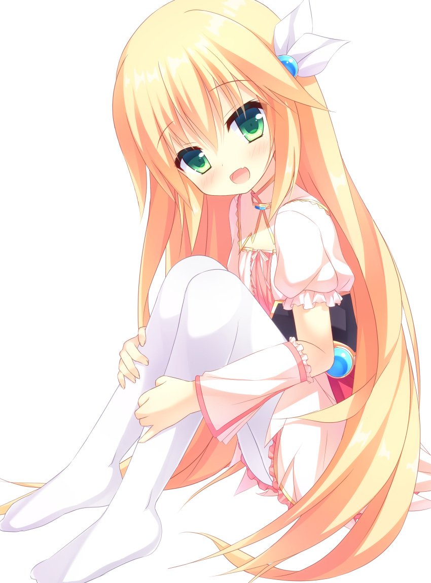 1girl, :d, absurdres, bangs, blonde_hair, blush, detached_sleeves, dress, eyebrows_visible_through_hair, fang, frilled_dress, frilled_sleeves, frills, from_side, full_body, green_eyes, hair_between_eyes, hair_ornament, hands_on_own_leg, head_tilt, highres, iris_milla_serpettane, knees_up, long_hair, looking_at_viewer, looking_to_the_side, minatsuki_kou, no_shoes, open_mouth, pantyhose, pink_dress, puffy_short_sleeves, puffy_sleeves, shiny, shiny_hair, short_sleeves, simple_background, sitting, smile, solo, very_long_hair, white_background, white_legwear, zettai_saikyou_oppai_sensou!!