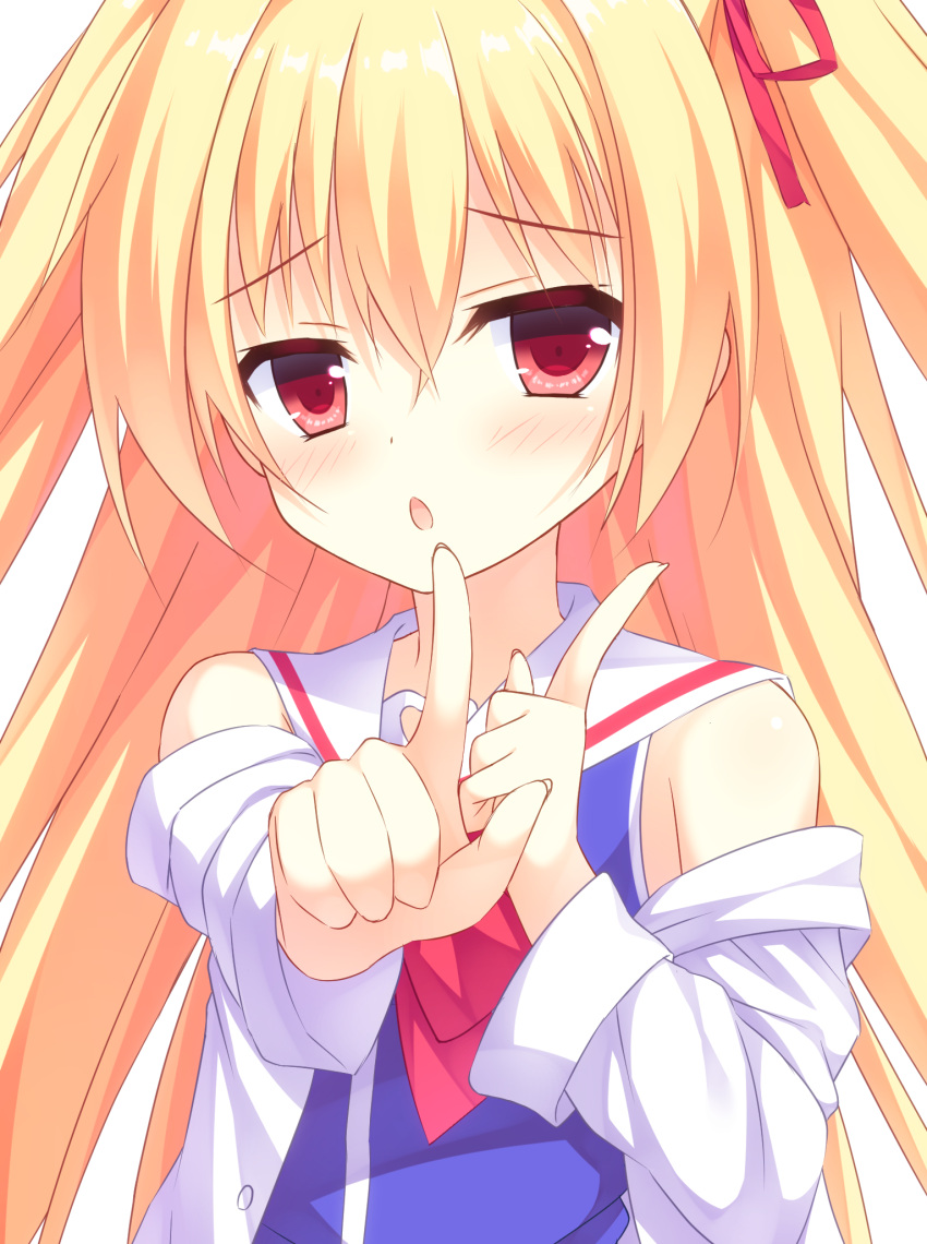 1girl, :o, bangs, blonde_hair, blush, buttons, eyebrows_visible_through_hair, fingernails