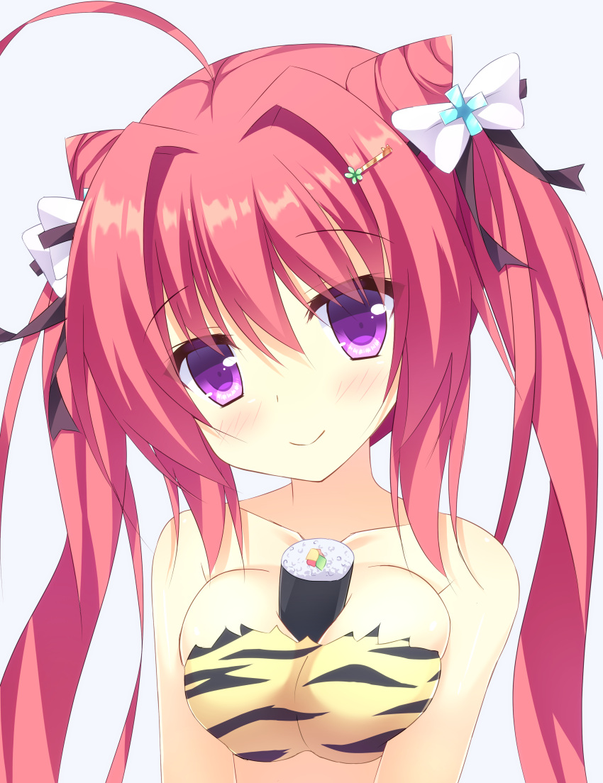 1girl, :>, absurdres, ahoge, animal_print, bangs, bare_arms, bare_shoulders