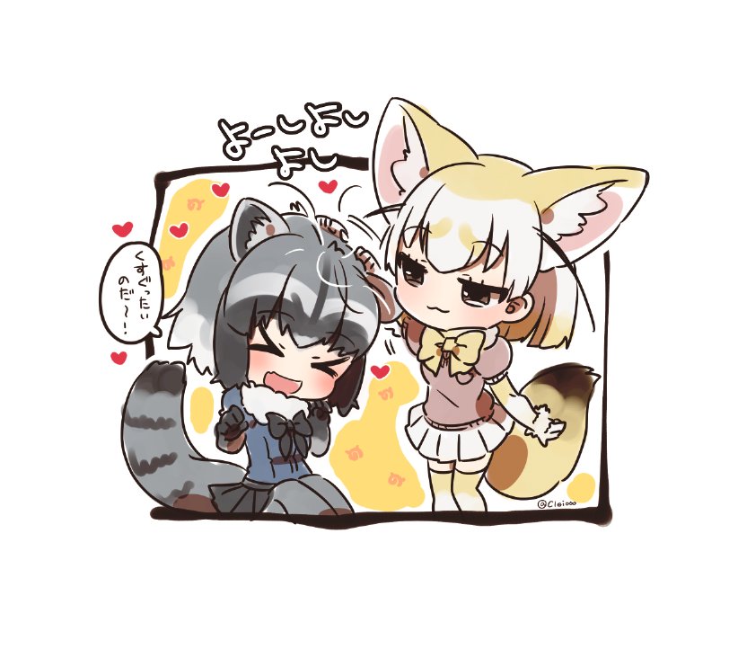 >_<, 2girls, :3, animal_ears, blonde_hair, blush, bow, bowtie