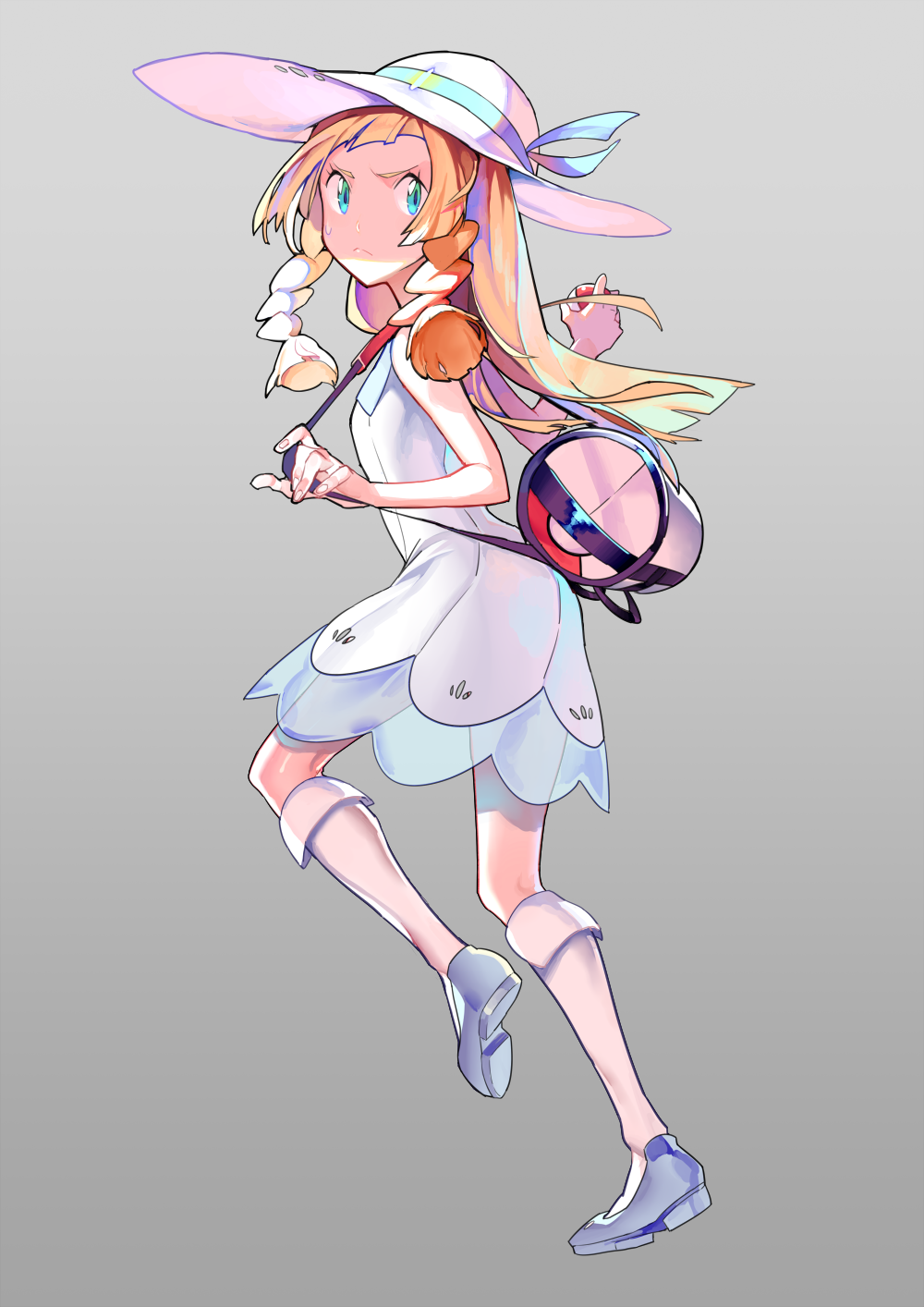1girl, bag, bangs, blonde_hair, blue_ribbon, blue_shoes, blunt_bangs, braid