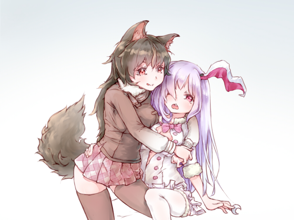 2girls, animal_ears, black_legwear, blush, breasts, cosplay, fur_collar, imaizumi_kagerou