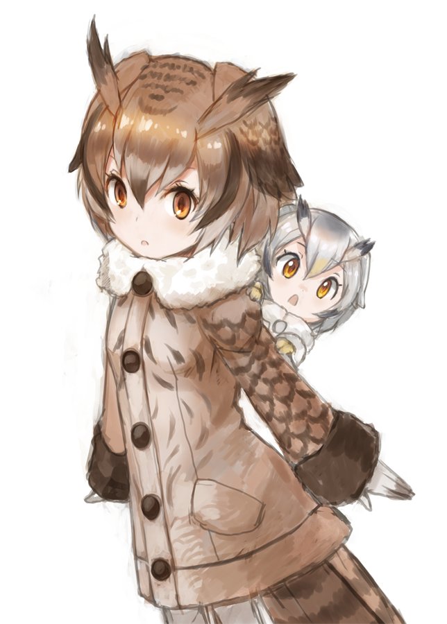 2girls, :o, age_difference, arms_at_sides, baby, blonde_hair, brown_coat, brown_gloves, brown_hair, buttons, coat, collar, eurasian_eagle_owl_(kemono_friends), eyebrows_visible_through_hair, eyelashes, fur-trimmed_sleeves, fur_collar, fur_trim, gloves, grey_coat, grey_gloves, grey_hair, grey_legwear, head_wings, kemono_friends, kotanuki_(kotanukiya), light_brown_hair, long_sleeves, looking_at_viewer, multicolored, multicolored_clothes, multicolored_gloves, multicolored_hair, multiple_girls, northern_white-faced_owl_(kemono_friends), open_mouth, orange_eyes, pantyhose, pocket, short_hair, simple_background, size_difference, tail, tareme, white_background, white_hair, wings, yellow_eyes, yellow_gloves, younger