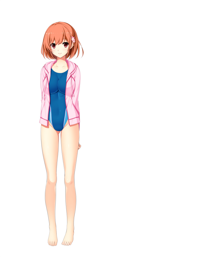 1girl, arms_behind_back, bangs, barefoot, breasts, brown_hair, eyebrows_visible_through_hair, flower