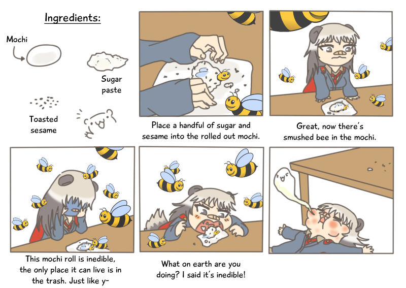 1girl, animal, animal_ears, bandaid, bandaid_on_nose, bee, cape, comic