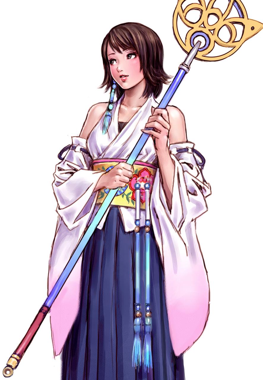 1girl, brown_eyes, brown_hair, detached_sleeves, female, final_fantasy, final_fantasy_x, highres, holding, holding_staff, japanese_clothes, looking_away, looking_to_the_side, obi, parted_lips, ribbon-trimmed_sleeves, ribbon_trim, simple_background, solo, staff, standing, white_background, yamashita_shun'ya, yuna_(ff10)