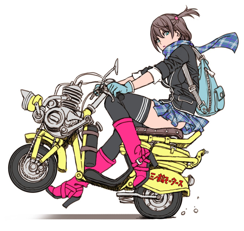 1girl, aqua_eyes, aqua_gloves, backpack, bag, boots, brown_hair, from_side