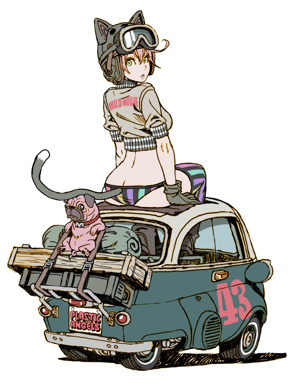 1girl, animal_ears, ass, black_gloves, box, breasts, butt_crack, car