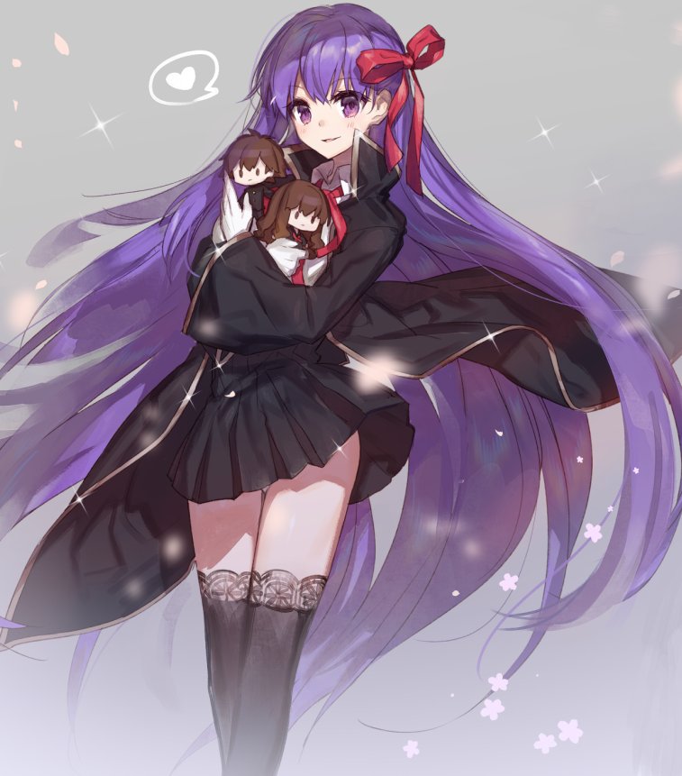 1girl, bangs, bb_(fate/extra_ccc), black_legwear, black_skirt, chibi, chokoan_(tyokoa4649), collared_shirt