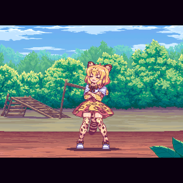 3girls, animal_ears, animated, animated_gif, blonde_hair, blush, bow, bowtie, cat_ears, cat_tail, closed_eyes, clouds, commentary_request, crossed_arms, elbow_gloves, fur_collar, gloves, gradient_hair, grey_hair, jaguar_(kemono_friends), jaguar_ears, jaguar_print, jaguar_tail, kemono_friends, migel_futoshi, multicolored_hair, multiple_girls, nodding, open_mouth, otter_(kemono_friends), otter_ears, outdoors, pixel_art, river, shirt, short_hair, short_sleeves, skirt, sky, sleeping, sliding, smile, standing, tail, thigh-highs, thighs, tree, water, zettai_ryouiki, zzz