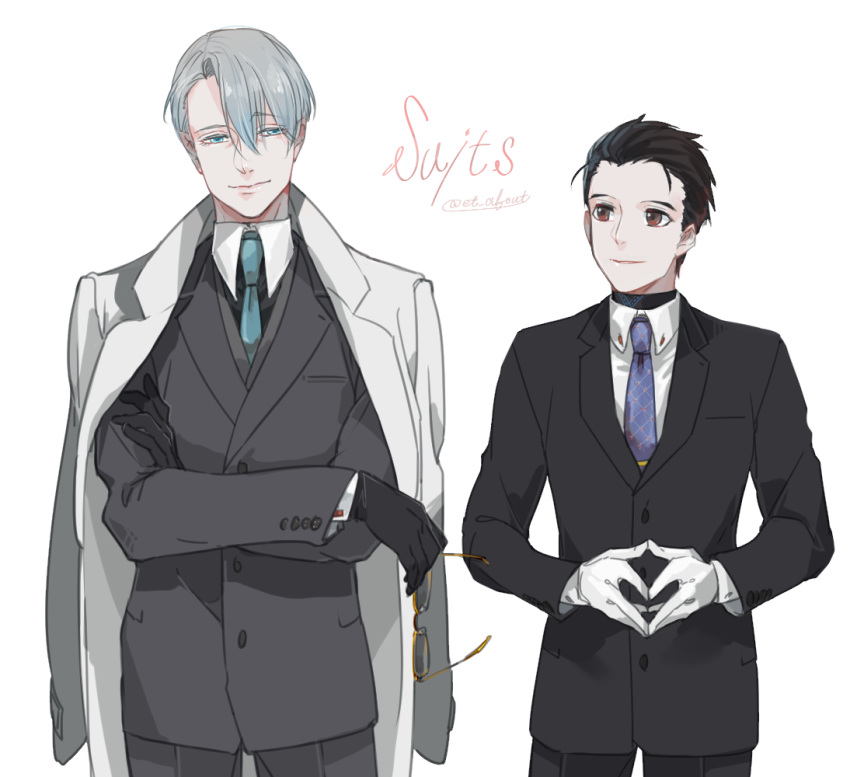 2boys, black_gloves, black_hair, blue_eyes, brown_eyes, crossed_arms, formal, fuji_(c-b-s)