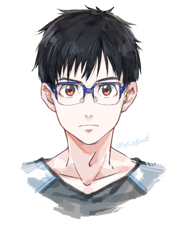 1boy, black_hair, blue-framed_eyewear, brown_eyes, fuji_(c-b-s), glasses, katsuki_yuuri, male_focus, upper_body, yuri!!!_on_ice