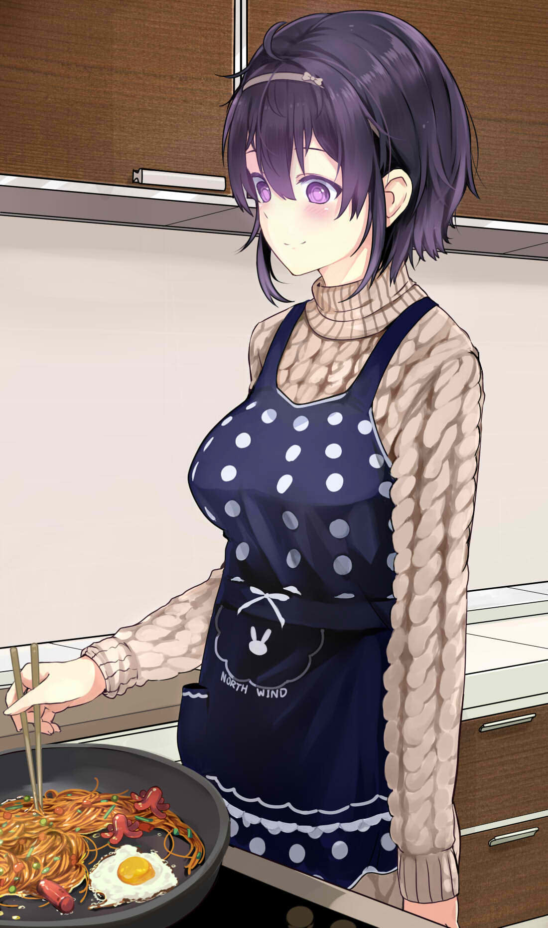 1girl, ahoge, alternate_hair_length, alternate_hairstyle, apron, arm_at_side, beifeng_han, beige_sweater, black_hair, blue_apron, breasts, cabinet, chopsticks, commentary_request, cooking, food, fried_egg, hair_between_eyes, hairband, highres, indoors, kitchen, large_breasts, long_sleeves, looking_away, looking_down, miyaura_sanshio, multicolored_hair, noodles, original, polka_dot, polka_dot_apron, purple_hair, revision, short_hair, smile, solo, sweater, tako-san_wiener, turtleneck, turtleneck_sweater, twitter_username, two-tone_hair, violet_eyes, yakisoba