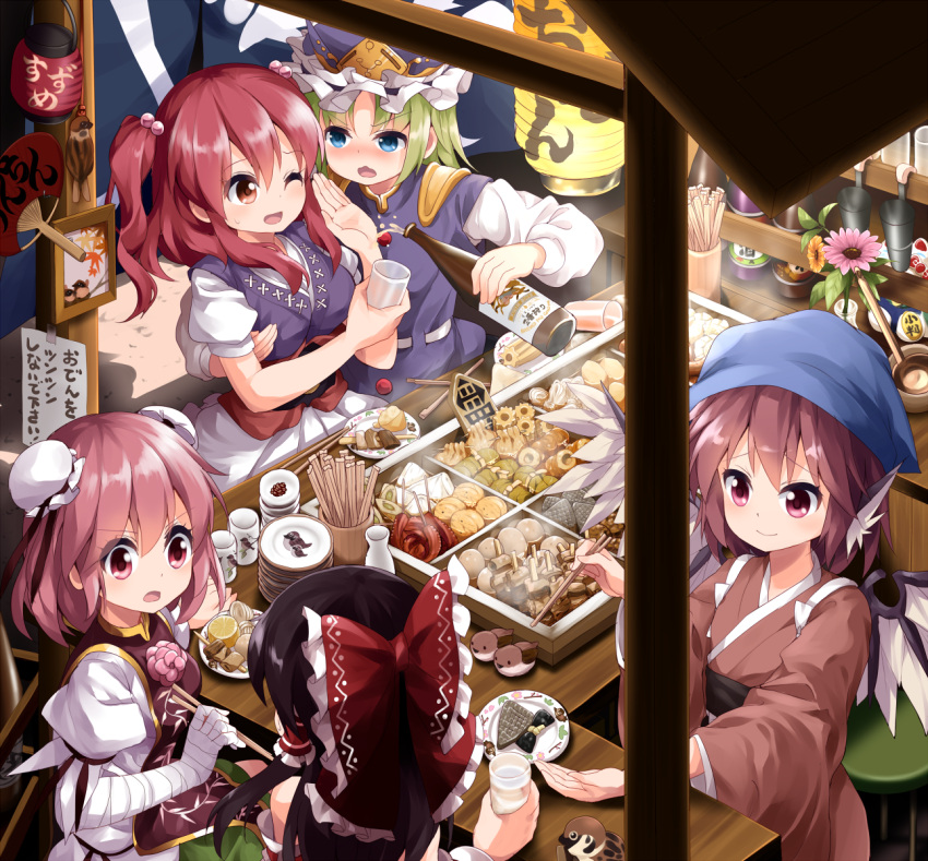 >:o, 5girls, :o, ;d, bandaged_arm, bird, bird_wings, blue_vest