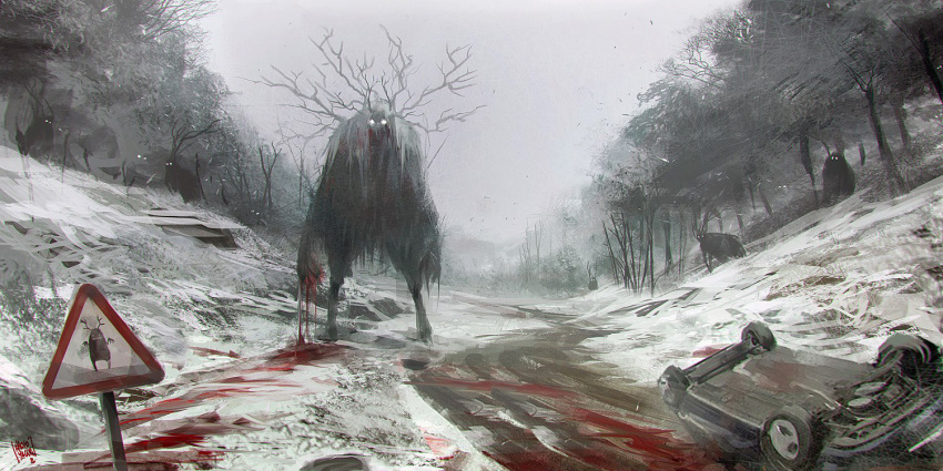 blood, blood_stain, car, day, forest, glowing, glowing_eyes, ground_vehicle, looking_at_viewer, monster, motor_vehicle, nachoyague, nature, no_humans, original, revision, road, road_sign, sign, signature, sky, snow, tree, troll, upside-down, vehicle