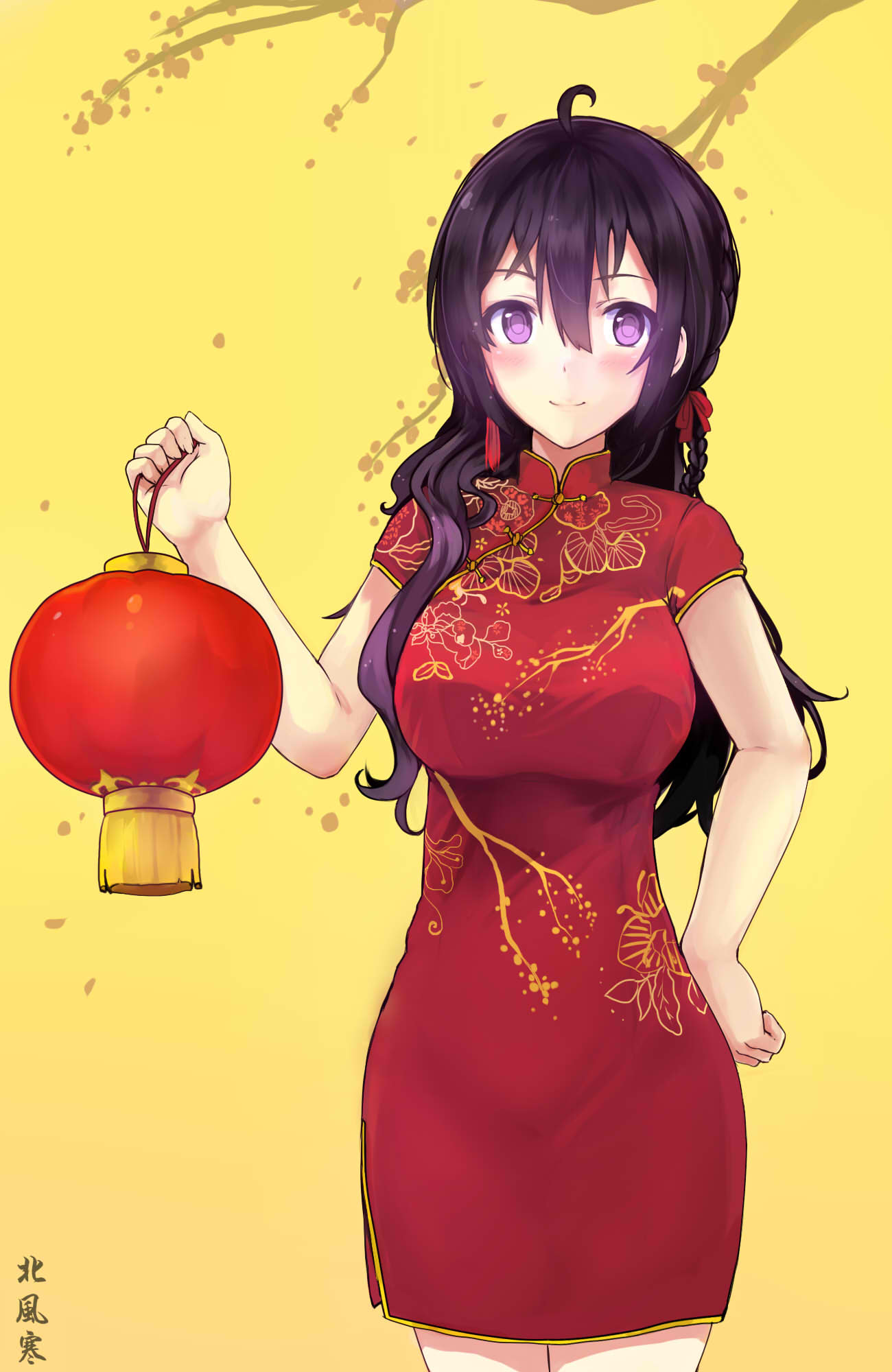1girl, ahoge, beifeng_han, black_hair, blush, breasts, china_dress, chinese_clothes, closed_mouth, commentary_request, cowboy_shot, dress, glowing, glowing_eyes, hair_between_eyes, hand_on_hip, highres, lampion, large_breasts, long_hair, looking_at_viewer, miyaura_sanshio, new_year, original, pink_eyes, red_dress, revision, short_sleeves, sidelocks, smile, solo